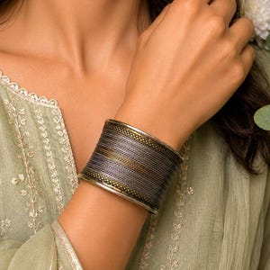 Wide Dual-Tone Open Cuff Bracelet | Handcrafted Silver Plated Brass Statement Bangle | Boho Tribal Wire Work Cuff | Broad Kada for Women