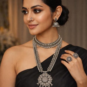 Silver Choker Necklace oxidised Jewelry Set of 7 Long Necklace Set with jhumka ring peacock necklace Ethnic Jewelry, Temple Jewelry,