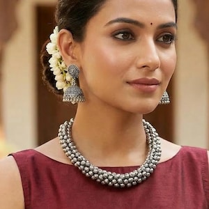 Oxidized Silver Beaded Necklace with Jhumka Earrings: Boho Indian Jewelry Set