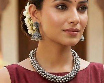 Oxidized Silver Beaded Necklace with Jhumka Earrings: Boho Indian Jewelry Set