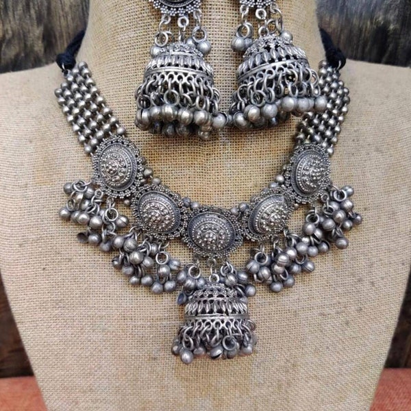 Trendy Indian German Silver oxidised set with Jhumki boho tribal jewelry/ Temple jewellery handmade oxidized choker set/ antique set
