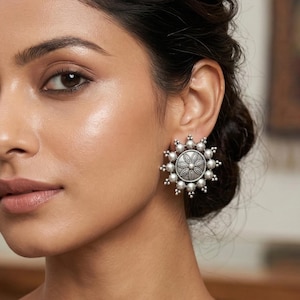 Oxidized Silver Stud Earrings: Indian Floral Ethnic Design