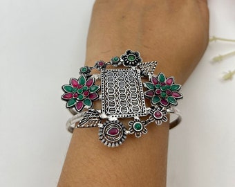 Bracelet Ajustable Plaqué Argent Indien - Fait Main En Laiton Oxydé - Style Bohème Ethnique