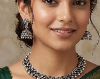 Oxidized Designer Choker Jewellery with jhumka, German Silver Plated Handmade necklace, Partywear Jewelry, Indian ethnic Necklace For women