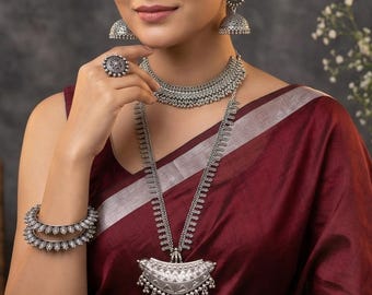 Premium Oxidized Silver Jewelry Set | Indian Ethnic Collection with Choker, Long Pendant Necklace, Jhumka Earrings, Bangles & Ring