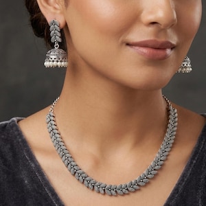 Oxidized Silver Choker Necklace with Jhumka Earrings: Leaf Design Pearl Jewelry Set