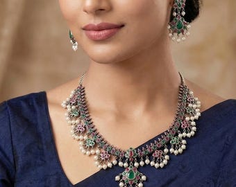 Conjunto de collar indio de plata alemana hecho a mano: joyería de piedras y perlas