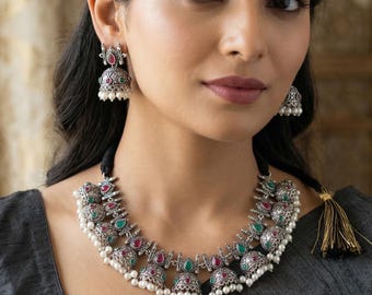 Oxidized Silver Choker Necklace Set with Jhumka Earrings | Indian Tribal Jewelry | Boho Statement Necklace | Ethnic Red Green Stone Choker