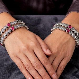 Handcrafted Oxidized Silver Kada Bangles with Ruby Pink Stones, Chitai Work Traditional Brass Bangles,Gift for Her
