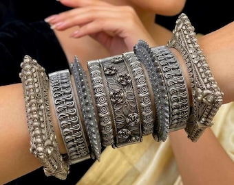 Vintage Oxidized Silver Kada Bangle Set - Floral Square Rose design Antique Openable Screw Hand Bracelet