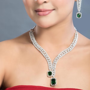 Emerald Green & Ruby Red Bridal Jewelry Set, Silver CZ Statement Necklace with Drop Earrings, Crystal Prom Choker, Wedding Day Accessories