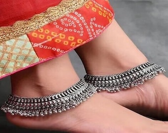 Silver Ghungroo anklets oxidized Indian oxidised jewelry, oxidised anklets, German silver anklet, ghungaroo Indian ethnic anklets, antique