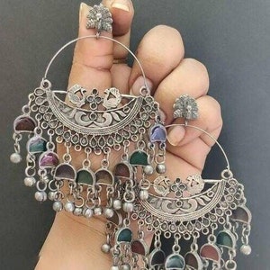 Oxidised Chandbali peacock earrings, afghani Chandbali dangler earrings ,multicolor earrings , ghungroo hoop earrings, dangler earrings