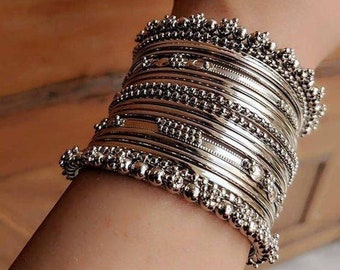 Ensemble de bracelets, bijoux indiens, ensemble de bracelets en argent allemand oxydé, bracelets ethniques indiens, bracelets traditionnels faits à la main, bracelets antiques,