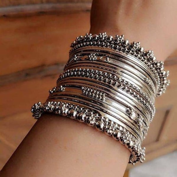 Ensemble de bracelets, bijoux indiens, ensemble de bracelets en argent allemand oxydé, bracelets ethniques indiens, bracelets traditionnels faits à la main, bracelets antiques,