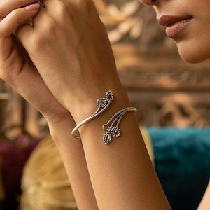 Oxidized Silver Floral Cuff Bracelet | Adjustable Boho Statement Bangle | Tribal Ethnic Wirework Jewelry