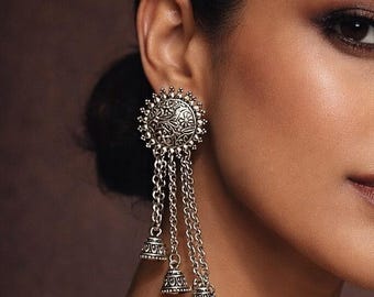Oxidized Silver Sun Jhumka Earrings: Indian Dangle Jewelry