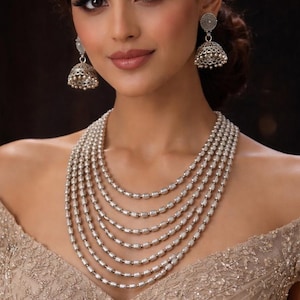 Conjunto de collar Matar Mala multicapa de plata hecho a mano - Joyería india Mohanmala oxidada con Jhumka - Collar de cuentas en capas con estilo bohemio