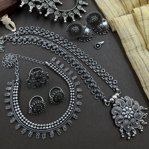 Oxidised German Silver jewellery set of 6 Indian jewelry traditional long necklace temple kemp jewlry oxidized for women ethnic hot selling STYLE 1