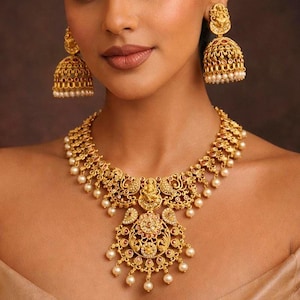 Conjunto de joyas del Templo de Lakshmi, collar de oro mate con pendientes Jhumka, joyería nupcial del sur de la India, gargantilla Nakshi con piedra Kemp.
