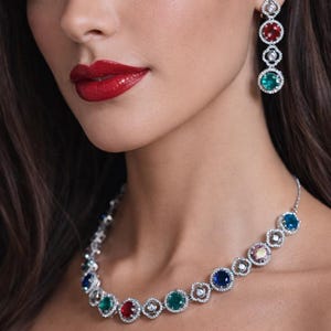 Multicolor Crystal Jewelry Set | Silver Rhinestone Statement Necklace & Earrings | Prom, Wedding, Bridesmaid Gift | Colorful Halo Choker