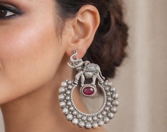 Oxidized Silver Elephant Earrings with Ruby Stone, Indian Jewelry