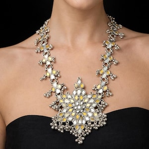 Große Boho Statement Halskette, oxidiertes Silber Spiegel-Halsketten-Set, Tribal Afghani Schmuck für Frauen, ethnischen indischen Spiegel Arbeit Schmuck Geschenk