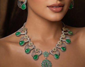 Dual Tone Peacock Oxidized Choker Set | Boho Tribal Indian Jewelry | Red & Green Stone Statement Necklace with Earrings for Women