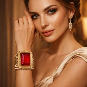 Antieke vergulde Maharadja-manchetarmband – koninklijke rode stenen kada met pareldetail – Indiase koninklijke statement sieraden – geïnspireerd op Ottomaanse stijl
