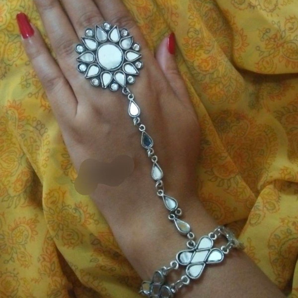 Mirror hand harness, Haathphool, bracelet with ring, Adjustable Indian oxidised designer Hathphool, Ethnic traditional hand bracelet