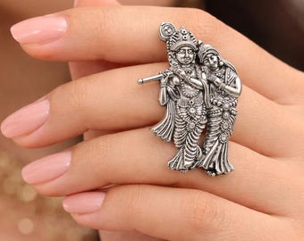 Anillo de Radha Krishna, anillo llamativo de plata oxidada, joyería étnica india ajustable, anillo espiritual de dios y diosa hindú.