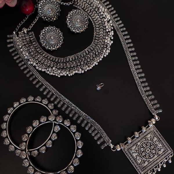 Oxidised Jewellery Set Of 6, Ghunghroo Choker With Long Necklace, German Silver Jewelry, Kolhapuri Oxidised Set, Indian Silver Choker