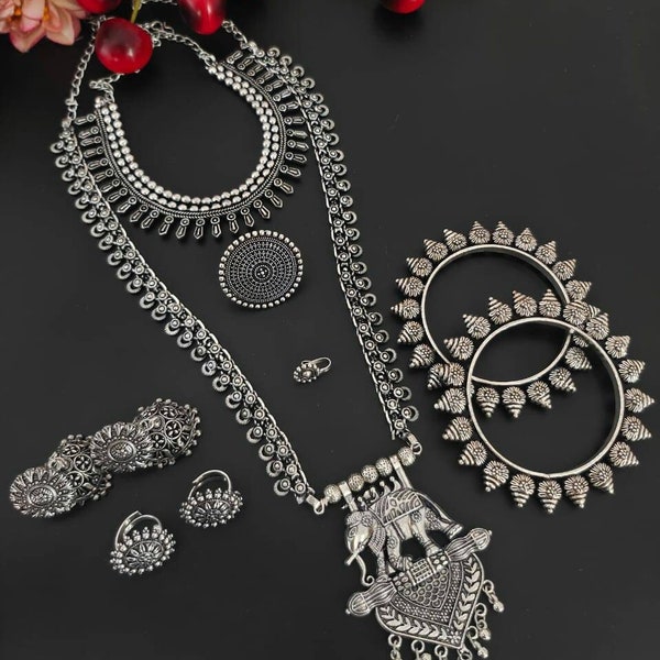 Conjunto combinado de joyería oxidada india de plata alemana de 6, joyería Boho Hippie, conjunto de collar largo, joyería nupcial, joyería de boda, regalos