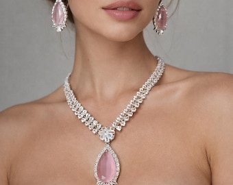 Set di gioielli da sposa rosa cipria / Collana e orecchini con cristalli a goccia / Gioielli da sposa in argento / Set di gioielli per damigelle e balli di fine anno