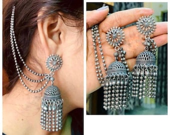 Indian earrings with Kaan Sahara hair chain ethnic oxidized jewelry Silver Pearl Jhumka Earrings south indian jhumki and kanauti