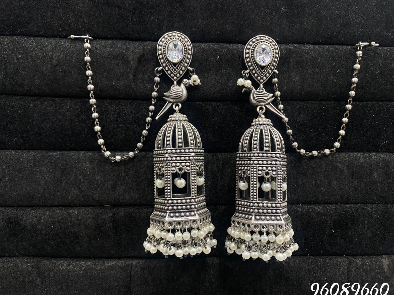 Buy Oxidized Cage Earrings With Side Chains Bird Motifs Earrings ...