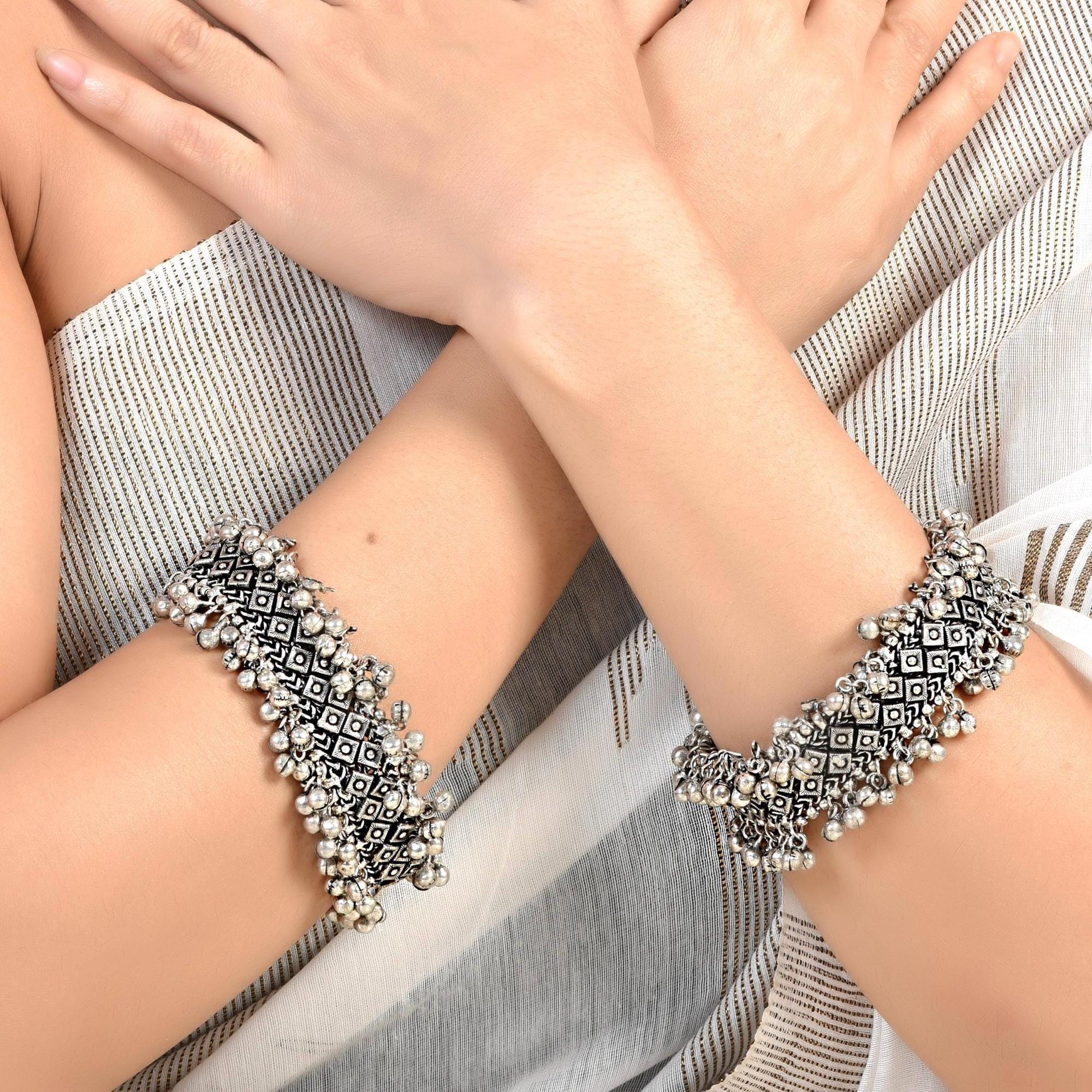 Chunky Oxidized Silver Bangle Set | Indian Tribal Ghungroo Cuff