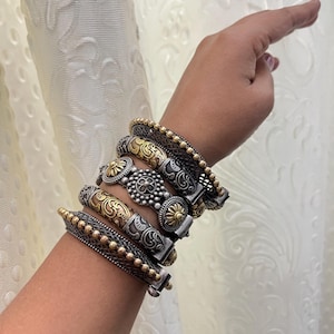 Bangles set dual tone kada oxidised indian gold silver plated hand kada bracelet  antique silver look Openable kada broad bracelet hand