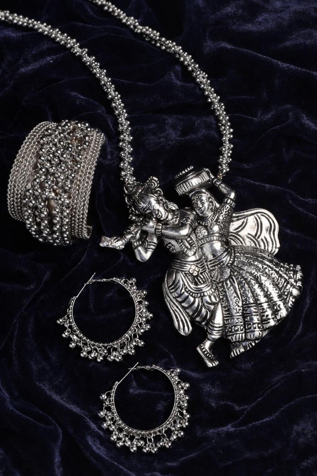 Radha Krishna Oxidized Silver Long Necklace Set Indian Temple Jewelry radha-krishna-oxidized-silver-long-necklace-set-indian-temple-jewelry