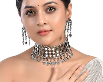 Indian Jewelry Silver Oxidised Jewellery Set German Silver Choker