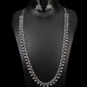 Double Layer Oxidized Silver Necklace Set with Jhumka Earrings | Traditional Indian Jewelry Set | Boho Tribal Long Necklace | Festival Wear