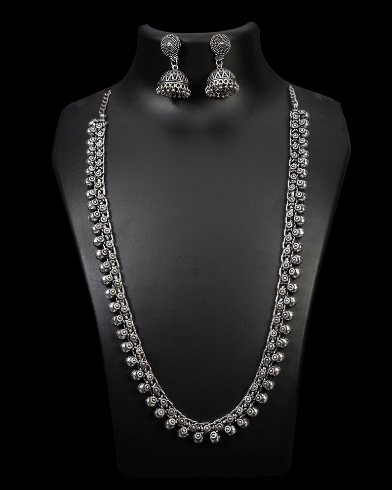Double Layer Oxidized Silver Necklace Set with Jhumka Earrings | Traditional Indian Jewelry Set | Boho Tribal Long Necklace | Festival Wear