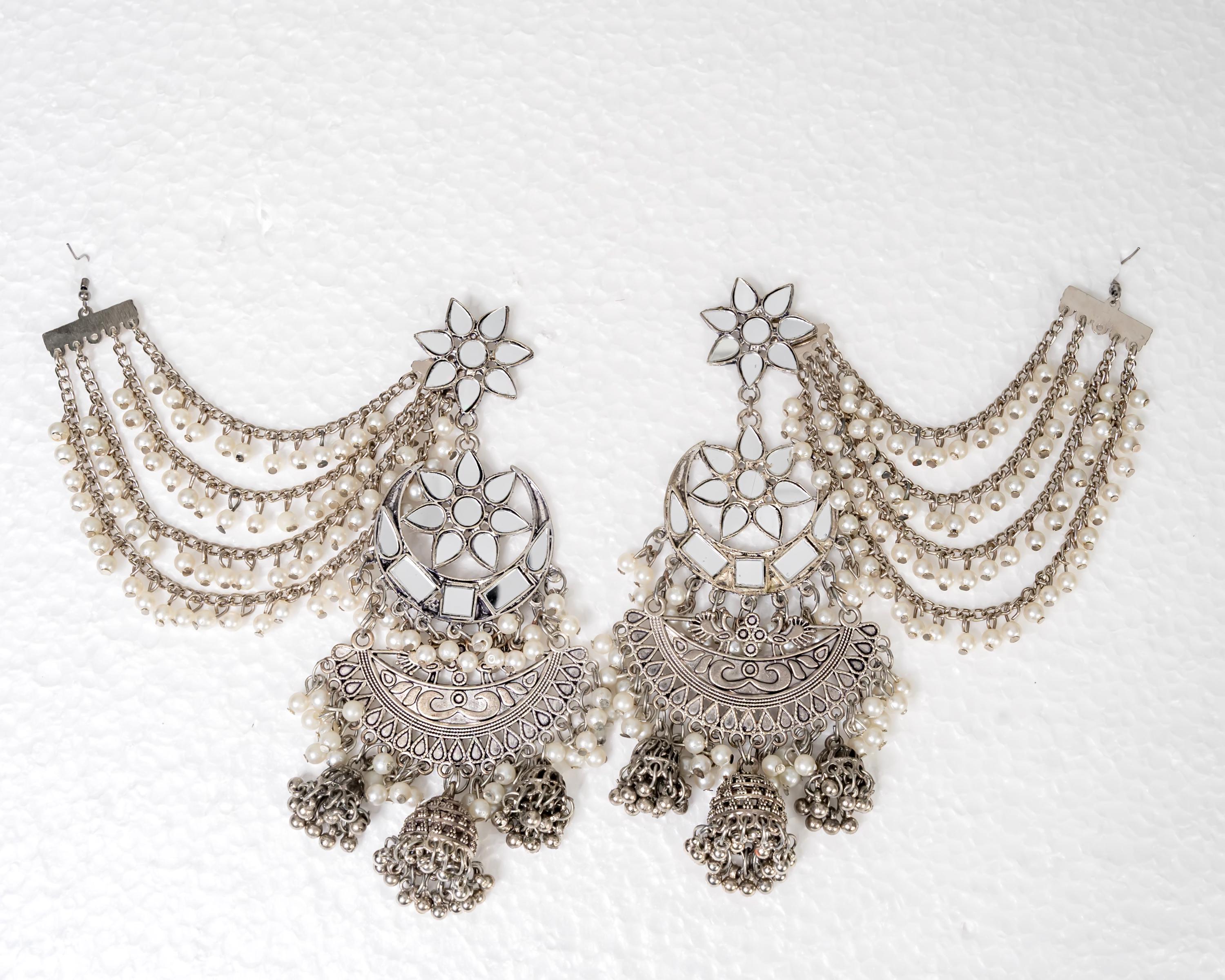 Big Oxidised Jhumka With Side Chain Chandbali Mirror Indian