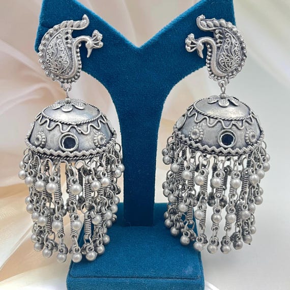 Black Polish Peacock Jhumka Earrings: Afghani Dangler with Ghunghroo