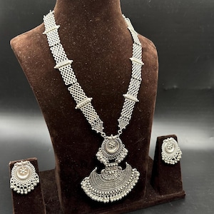 Stylish long haram necklace set | Raani haar Silver oxidised with pendant and earring | Indian ethnic boho tribal oxidized Temple jewellery