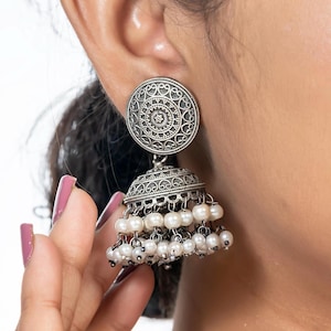 Indian Antique Jhumka earrings Silver jhumki Pearl Drop Earrings-Indian Earrings oxidized German silver jewelry gifts for her small earrings