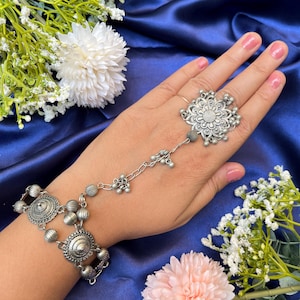 oxidised Hand harness, Haath Phool, Bracelet With Adjustable Ring | Indian Ethnic Oxidized Haath Phool | Boho Jewelry | Bracelet With Ring |