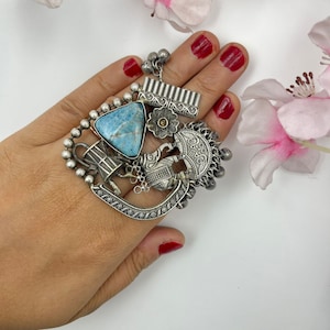 Silver Fusion Handmade Beautiful Adjustable Ghungroo Stone Ring for Women Indian Oxidized Antique Elephant and Floral Designed Finger Ring