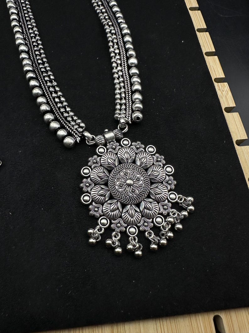 Silver Choker Necklace oxidised Jewelry Set of 7 Long Necklace Set with jhumka ring peacock necklace Ethnic Jewelry, Temple Jewelry,