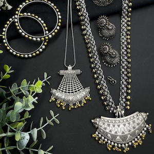 Combinatieset Indiase handgemaakte sieraden, tempelsieraden, lange ketting set, tweekleurige Indiase geoxideerde set combo van 6, etnische statement-sieraden